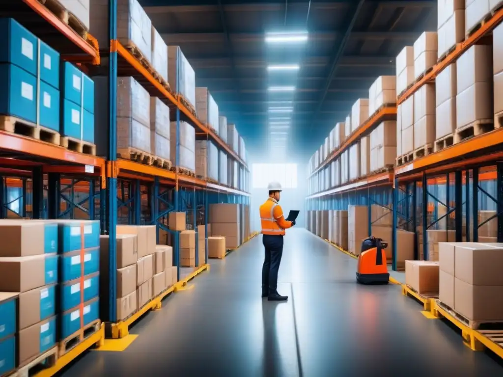 Implementación de blockchain en logística: Almacén activo con empleados gestionando inventario y envíos en dispositivos