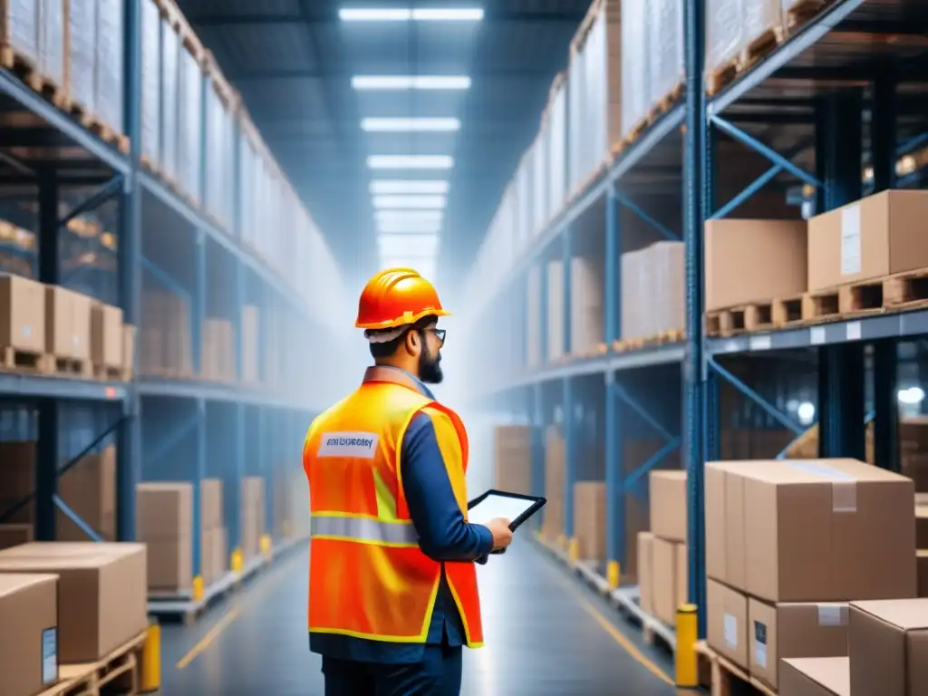 Blockchain para gestión logística: Almacén con trabajadores organizando cajas y tecnología blockchain transparente superpuesta