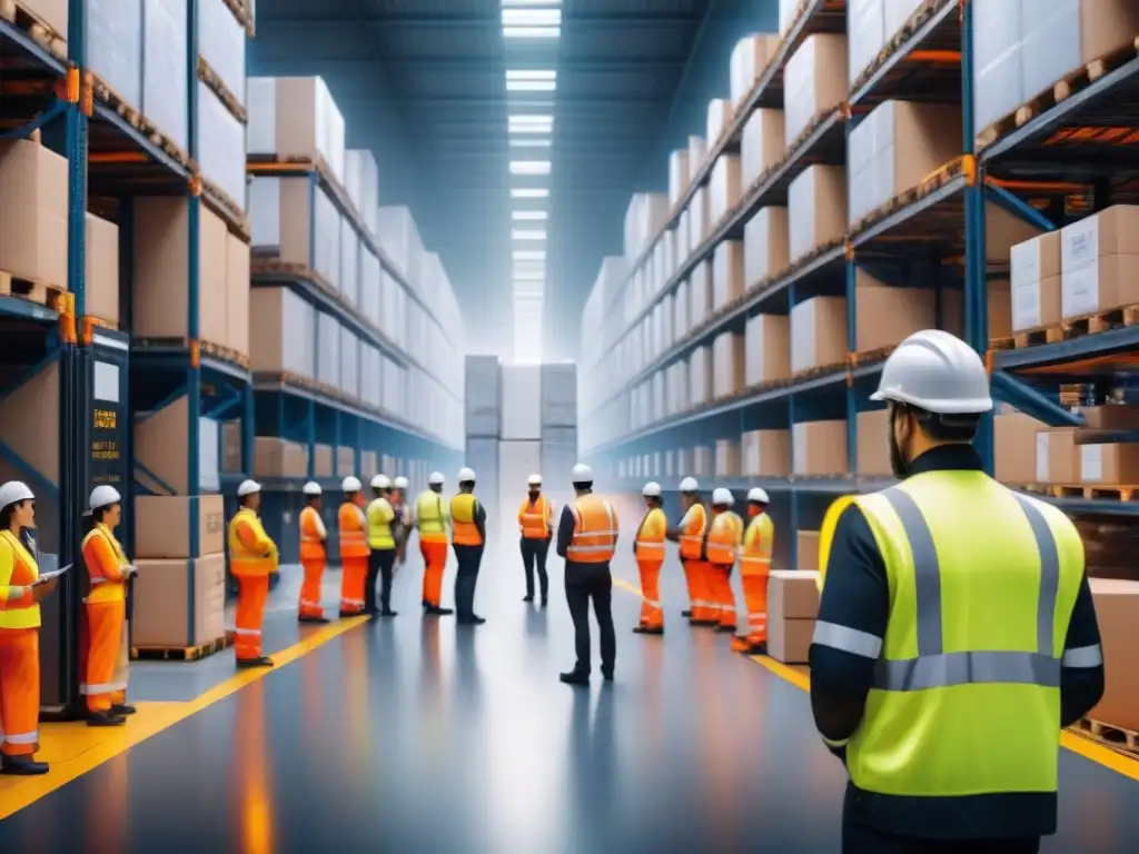 Implementación de blockchain en logística: Almacén logístico lleno de trabajadores organizando paquetes, escaneando códigos y red blockchain sobre ellos