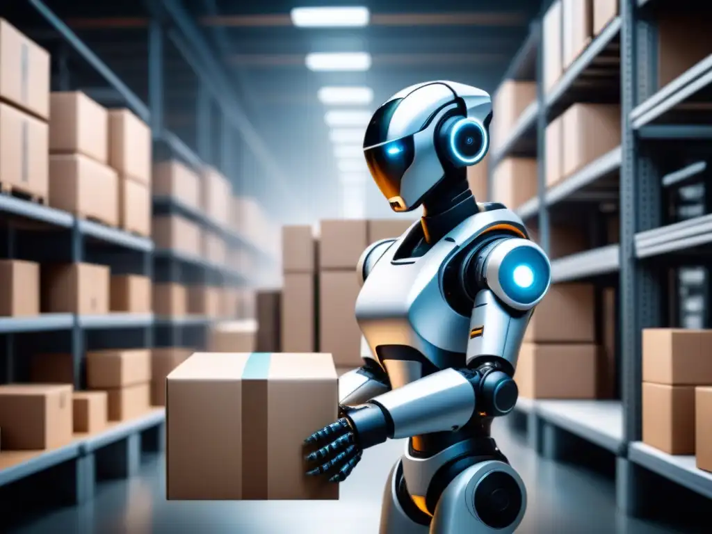 Robótica de precisión en almacén futurista: eficiencia automática Un brazo robótico en un almacén futurista, seleccionando paquetes con precisión