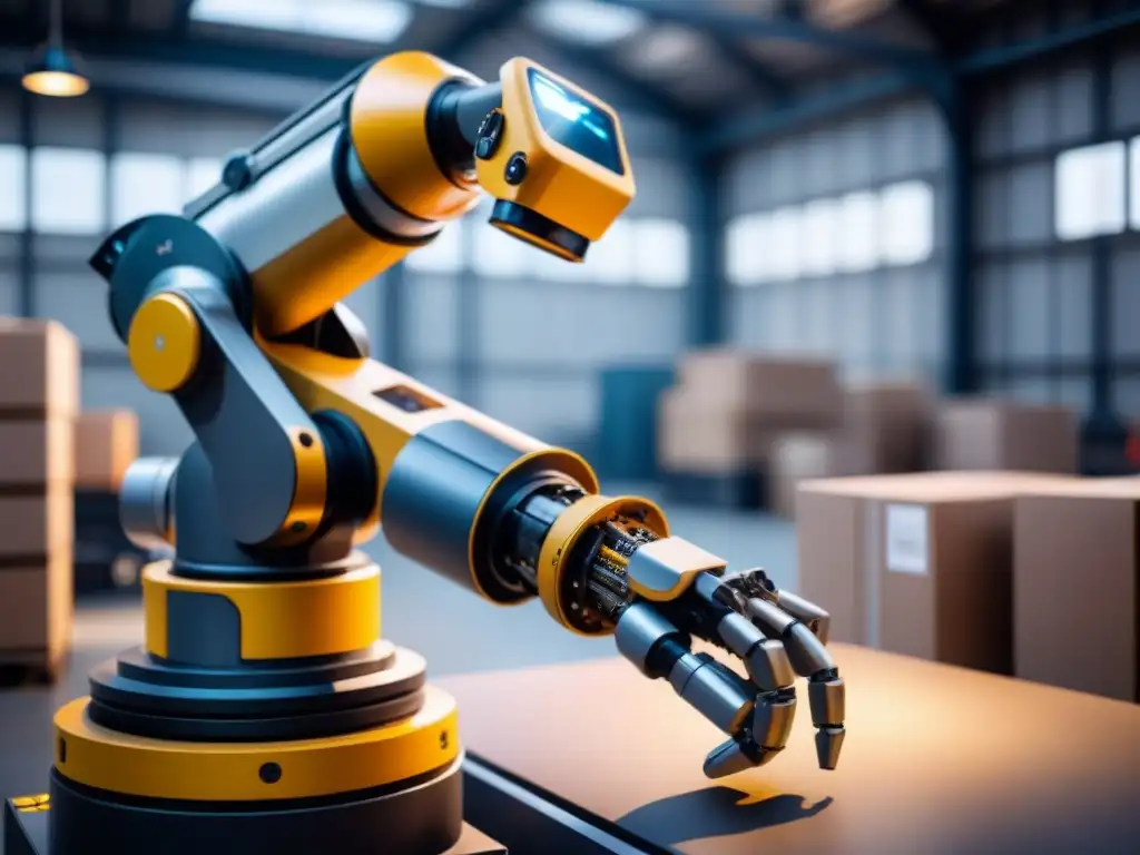 Robótica de precisión: manipulación avanzada en almacén Un brazo robótico con sistemas de visión avanzados manipulando materiales en almacén de alta tecnología, destacando eficiencia logística