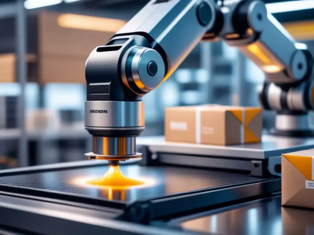 Robótica de precisión embalaje de vanguardia Un brazo robótico de vanguardia colocando un producto delicado en un embalaje transparente de alta tecnología