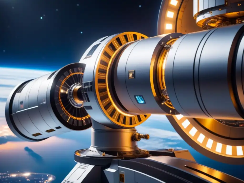Robótica avanzada: armado de satélite en nave espacial futurista Un brazo robótico de vanguardia transporta un satélite brillante a una nave espacial futurista