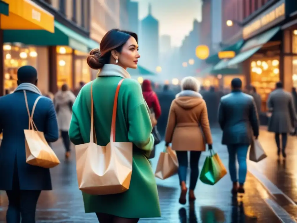 Escena urbana ecofriendly: diversidad y sostenibilidad en cada bolsa Una bulliciosa calle de la ciudad llena de personas con bolsas ecológicas, comprando soluciones de empaquetado sostenible para negocios