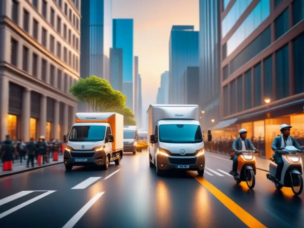 Logística de última milla: energía urbana en acción Una bulliciosa calle de la ciudad con soluciones innovadoras para entrega eficiente