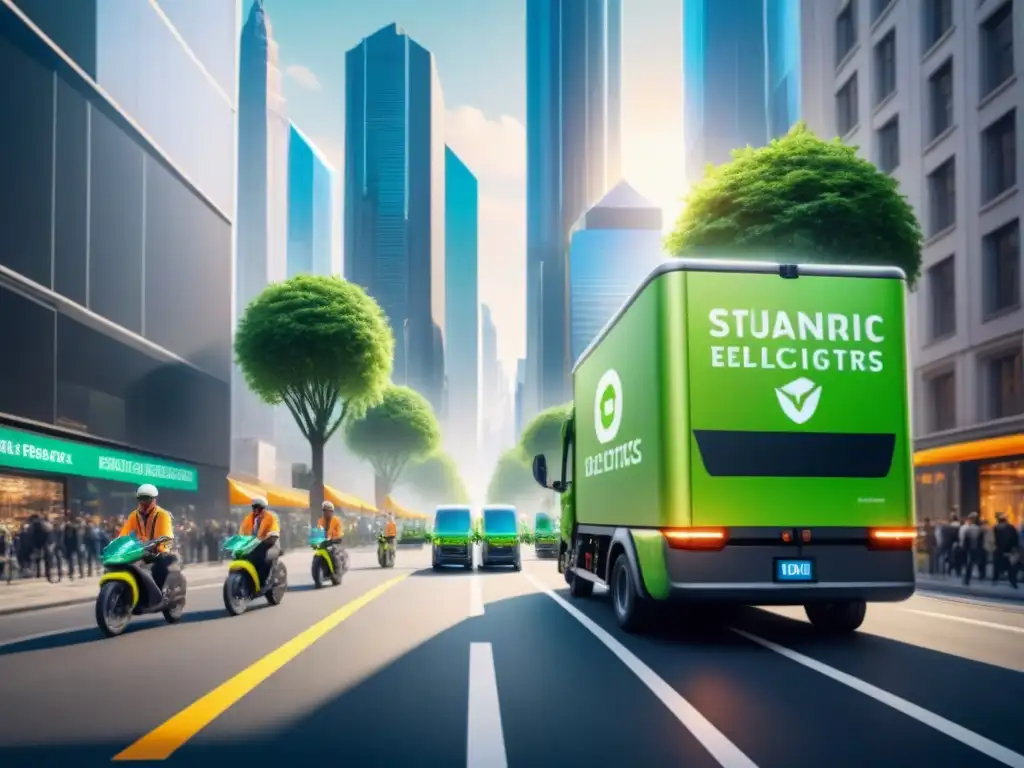 City street futurista con tecnología verde en logística Un bullicioso callejón urbano con tecnología verde en logística global, drones y ciclistas