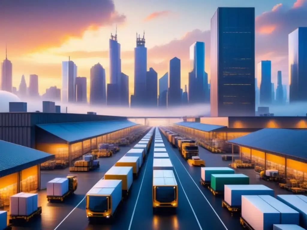 Centro logístico futurista: innovación y eficiencia en la distribución Un bullicioso centro logístico con almacenes interconectados, transportadores automáticos, trabajadores organizando inventario y camiones cargando y descargando mercancías, todo frente a un horizonte urbano futurista que simboliza modelos de negocio logístico innovadores