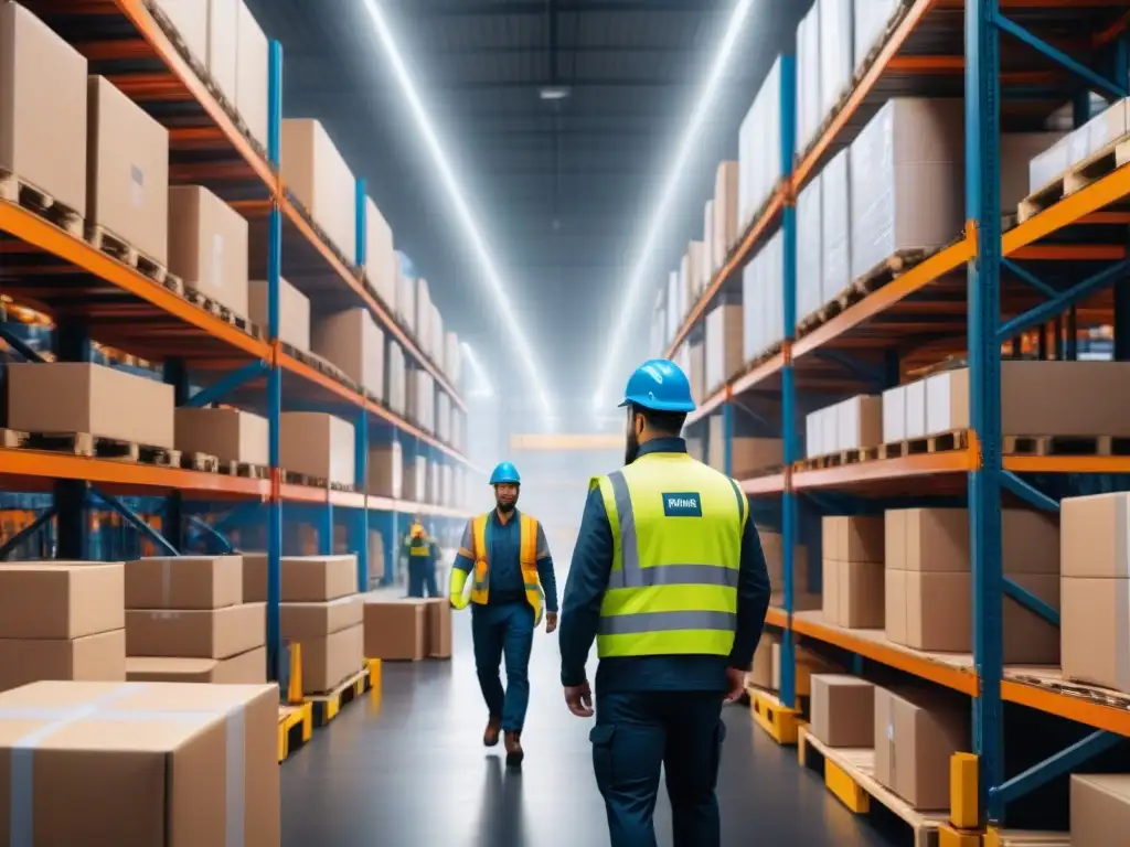 Centro logístico en acción: eficiencia y precisión en la gestión de carga Un bullicioso centro logístico con soluciones innovadoras en transporte, trabajadores descargando cargamento y organizando paquetes