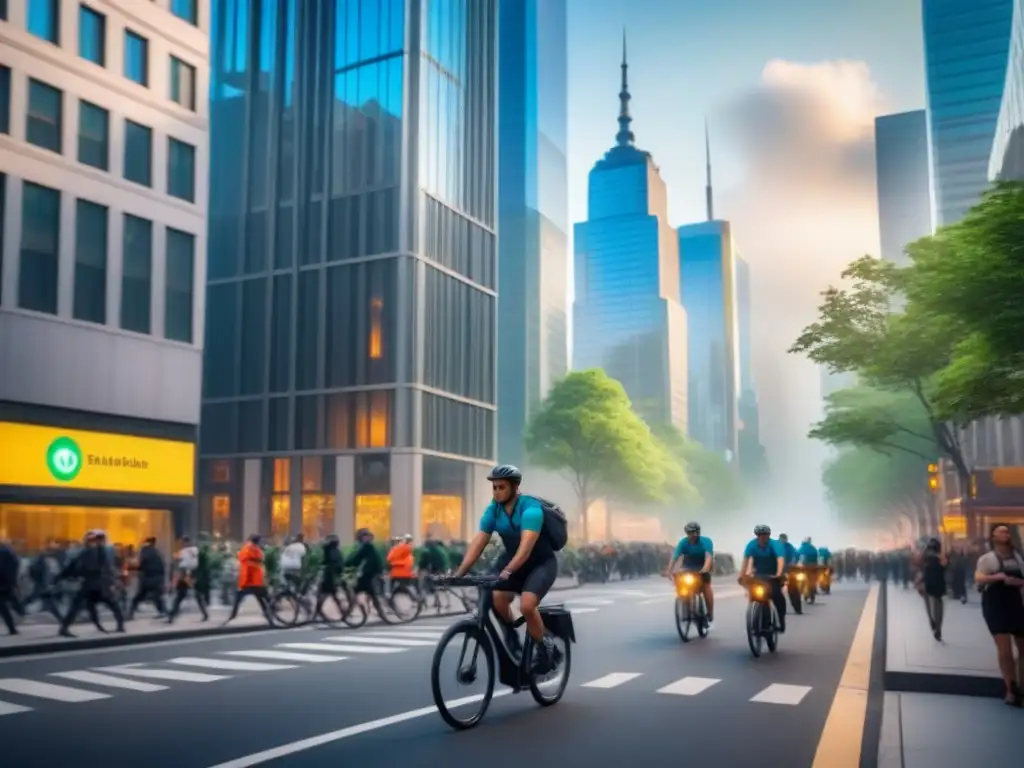 Entrega sostenible en ciudad vibrante Un bullicioso entorno urbano con peatones, ciclistas y vehículos eléctricos de entrega, rodeado de rascacielos modernos y espacios verdes