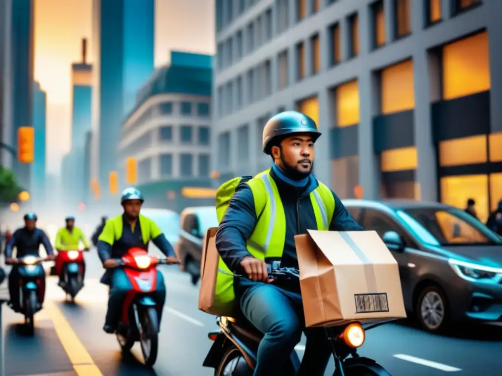 Un bullicioso escenario urbano que captura la vida de los trabajadores de entrega última milla en acción
