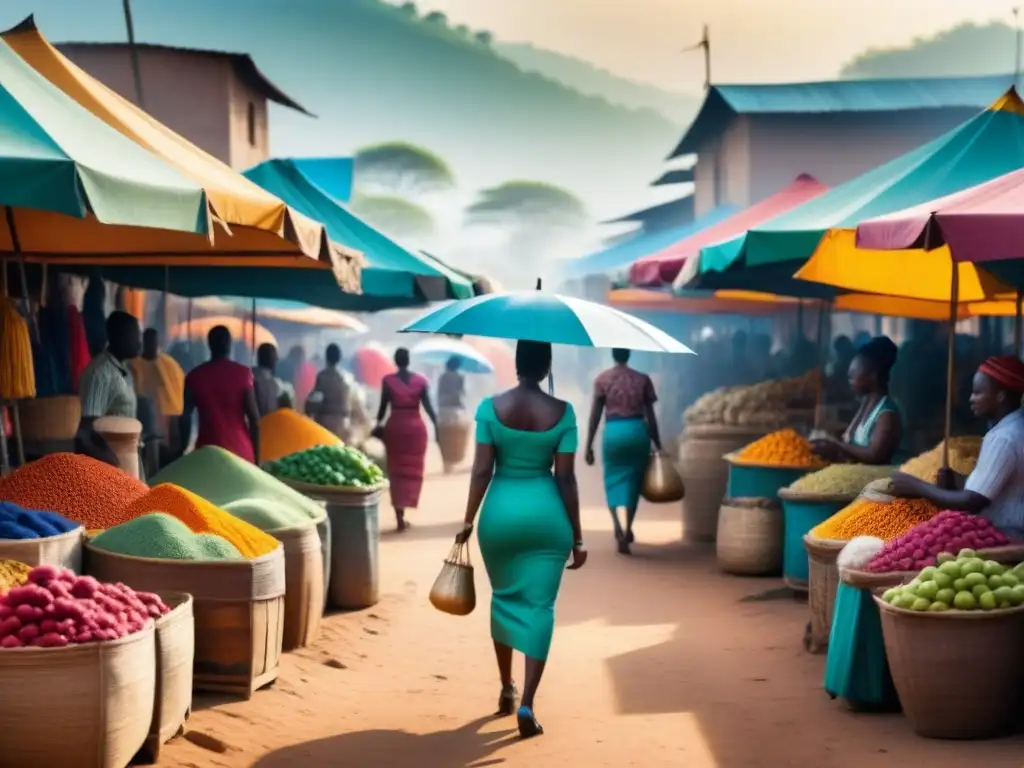 Mercado africano vibrante: textiles, artesanías y productos frescos bajo coloridos paraguas Un bullicioso mercado africano con vendedores y clientes, exhibiendo productos bajo coloridos paraguas