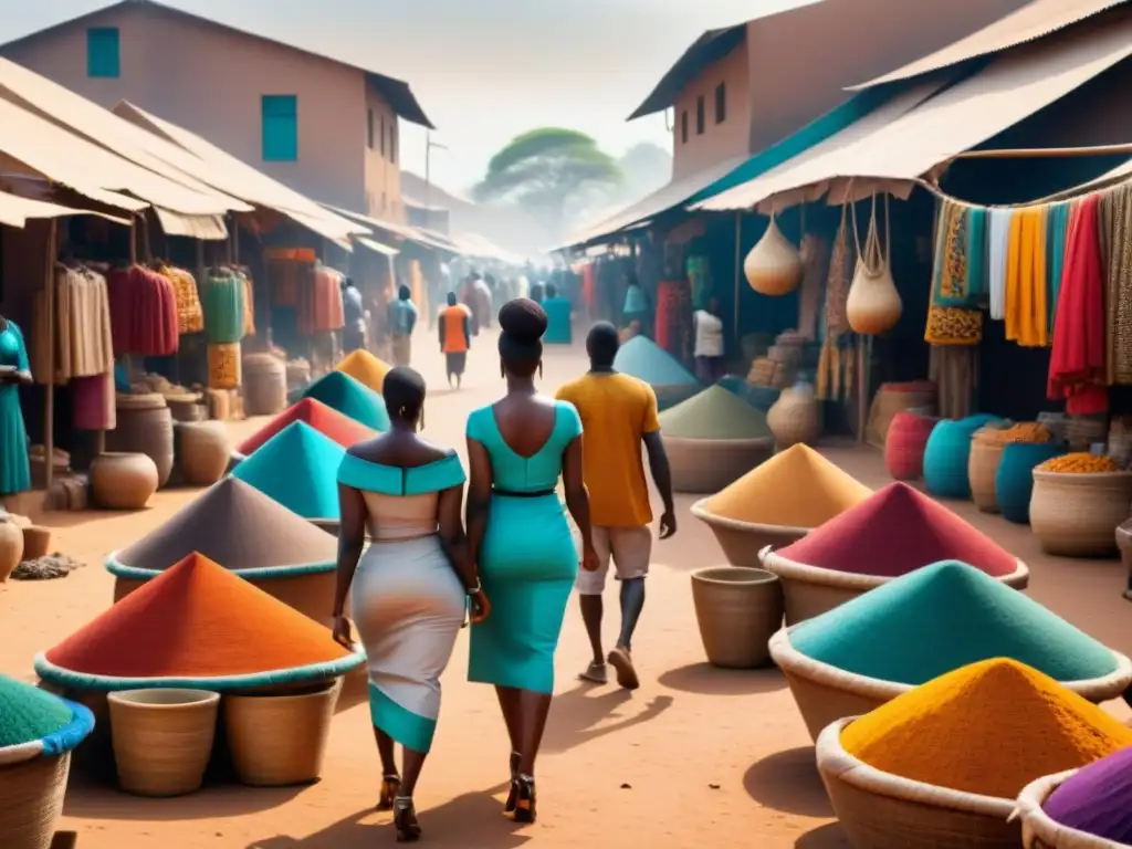 Mercado africano: colores vibrantes y negociaciones animadas Un bullicioso mercado en una ciudad africana muestra la diversidad de productos