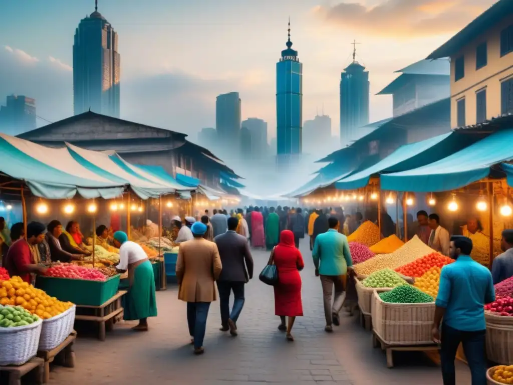 Mercado vibrante: tradición y progreso en economía emergente Un bullicioso mercado emergente con vendedores y clientes locales, entre rascacielos y edificios históricos