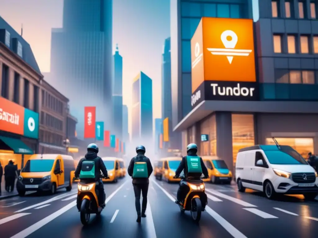 Logística del futuro: drones, bicis eléctricas y más en la ciudad Un bullicioso paisaje urbano con vehículos de entrega innovadores y eficientes, personas comprando y edificios futuristas
