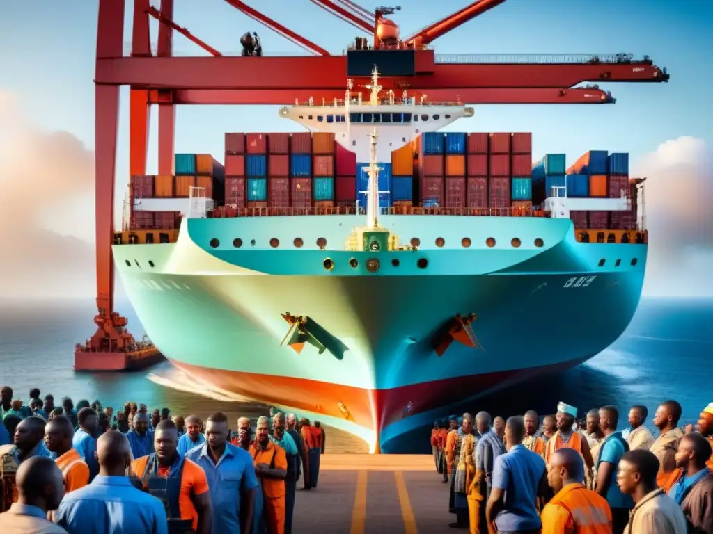 Portuario africano: eficiencia logística en alta mar Un bullicioso puerto africano con contenedores de colores vibrantes, trabajadores diversos y tecnología avanzada