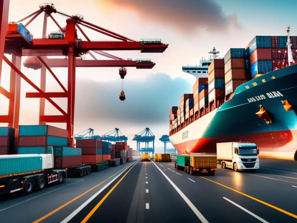 Intenso puerto de carga internacional: operaciones logísticas globales Un bullicioso puerto internacional con cargueros, grúas y trabajadores, ilustrando soluciones de outsourcing logístico internacional
