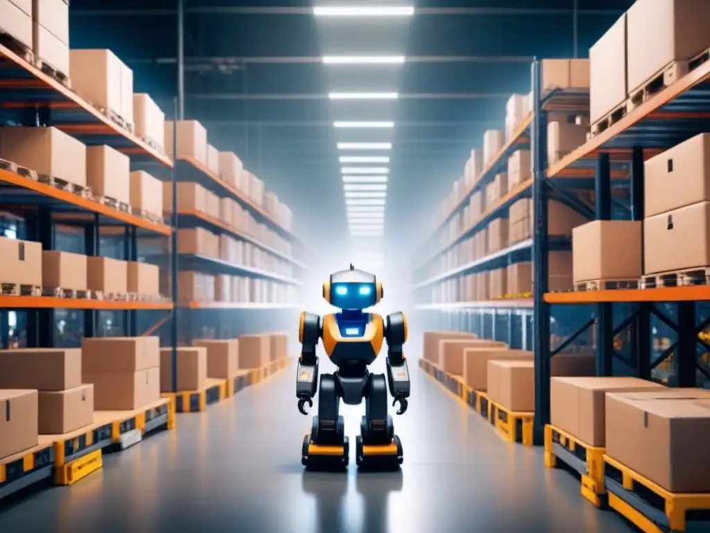 Almacén automatizado: robots eficientes revolucionan la logística Almacén bullicioso con robots automatizados realizando tareas, mostrando la integración de Algoritmos IA redefiniendo previsión demanda