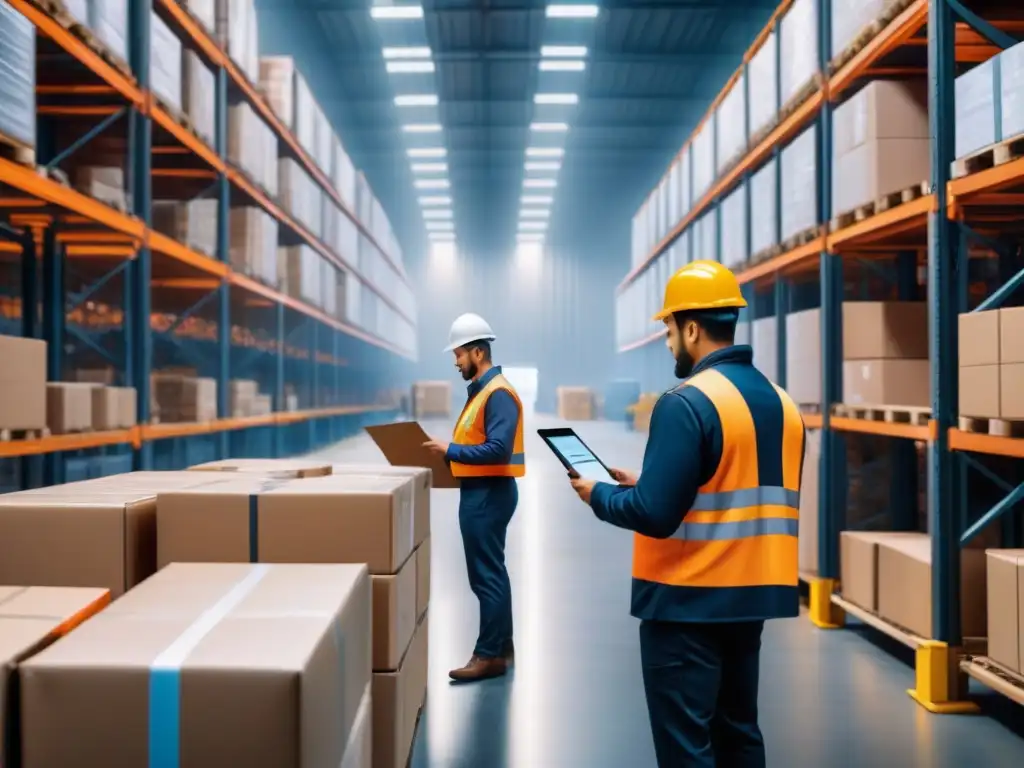 Almacén digitalizado: Eficiencia logística con blockchain Almacén bullicioso con trabajadores usando blockchain en la logística de la cadena de suministro