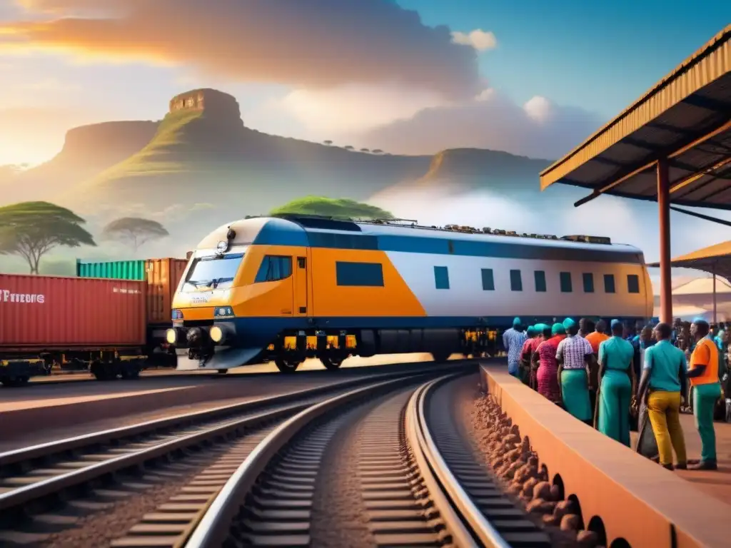 Estación de tren en África: carga colorida y eficiencia Un bullicioso tren de carga de alta velocidad en África, listo para partir, en una estación con arquitectura africana y mercados animados