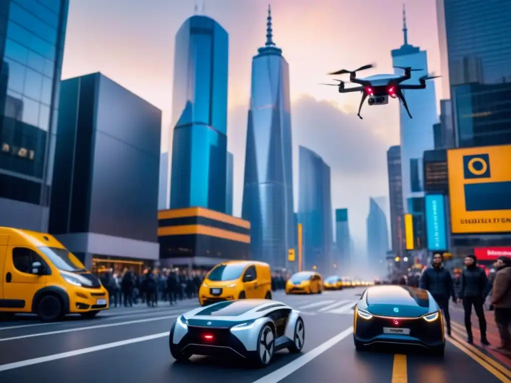 Soluciones de última milla en la ciudad: drones, robots y bicicletas eco Una calle de la ciudad llena de soluciones innovadoras transporte última