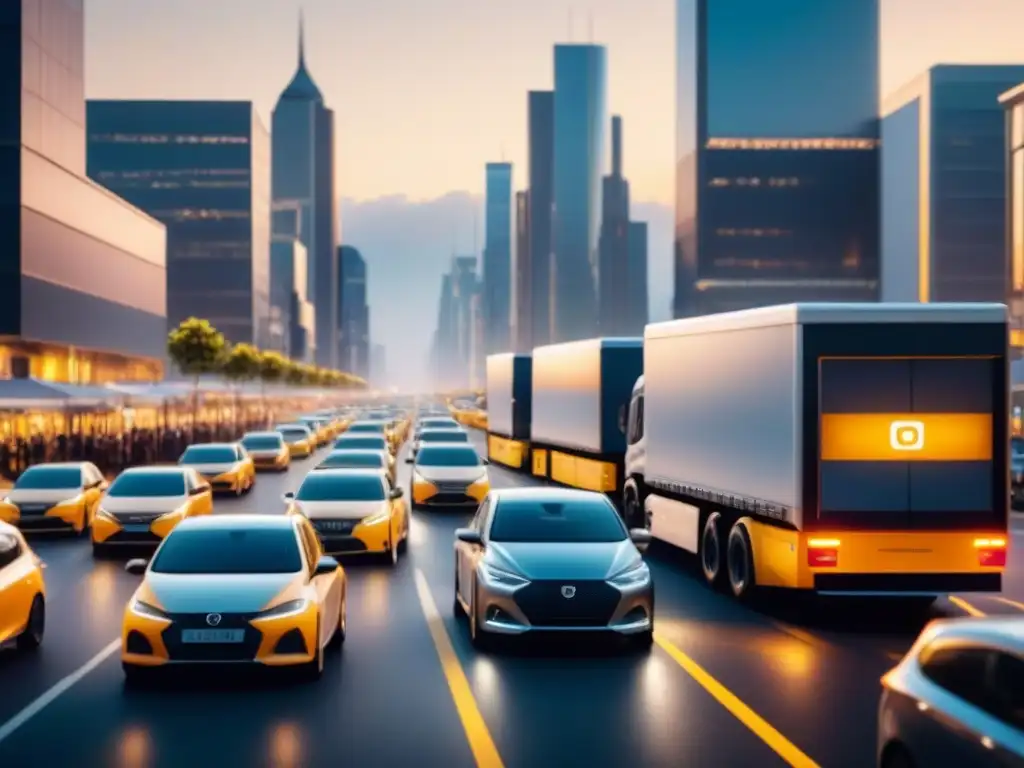 Eficiencia y tecnología en gestión de flotas urbanas Una calle de la ciudad llena de vehículos de flota equipados con software de gestión personalizado, reflejando eficiencia y tecnología