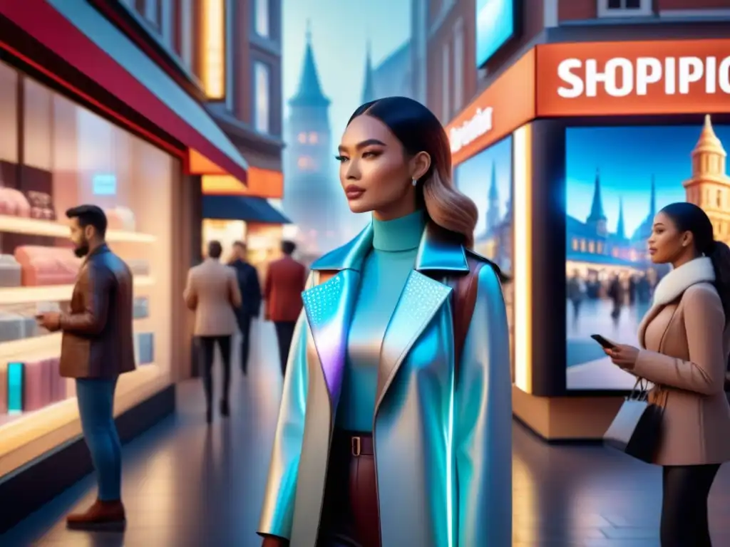 Escena futurista: compras personalizadas con IA holográfica Una calle comercial futurista llena de diversidad, con IA en personalización de compras
