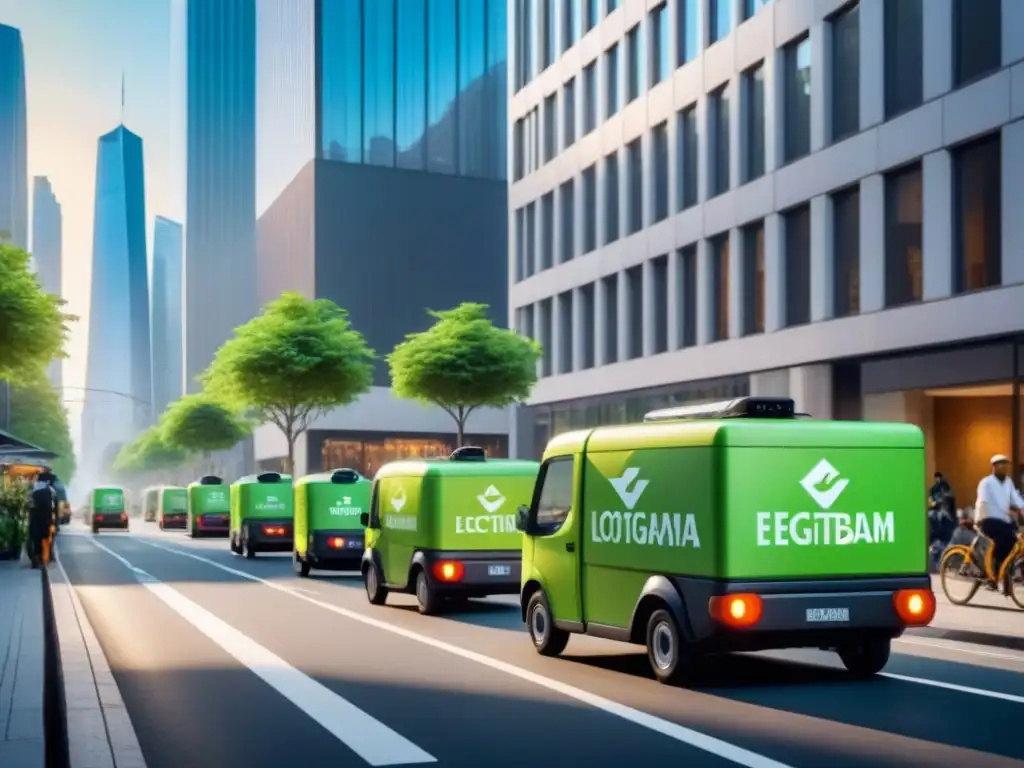 Calles verdes: vehículos eléctricos y sostenibilidad urbana Una calle urbana bulliciosa con vehículos de reparto eléctricos y logotipos verdes de startups logística verde sostenible, peatones y ciclistas