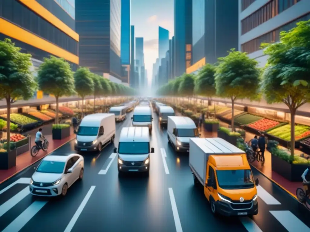 Optimización eficiente de rutas en logística de alimentos Intersección de calles de ciudad llena de camiones de reparto y bicicletas, siguiendo una organización perfecta