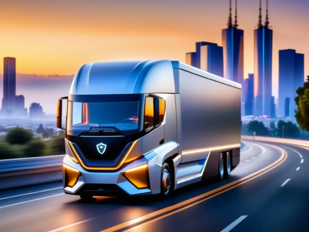 Camión futurista autónomo en ciudad al atardecer Un camión de carga futurista en una autopista al atardecer, destacando innovaciones eficientes