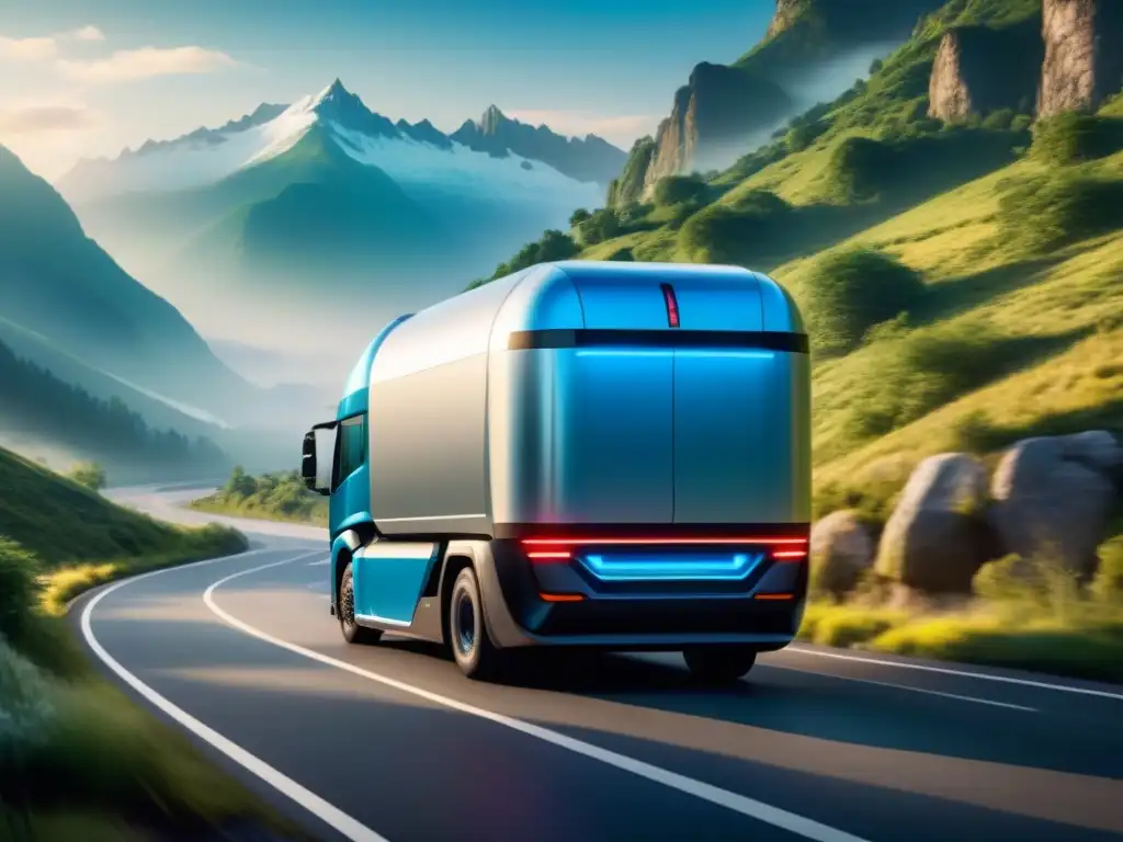 Camión eléctrico futurista surcando montañas Un camión eléctrico futurista surcando una sinuosa carretera montañosa, cargado con mercancía pesada, en un paisaje impresionante
