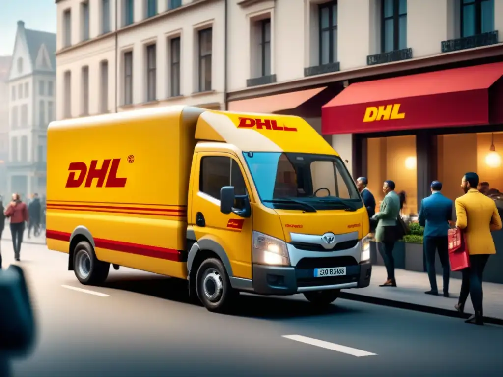 Entrega personalizada: DHL en la ciudad Un camión de entrega de DHL en una calle de ciudad, clientes felices recibiendo paquetes