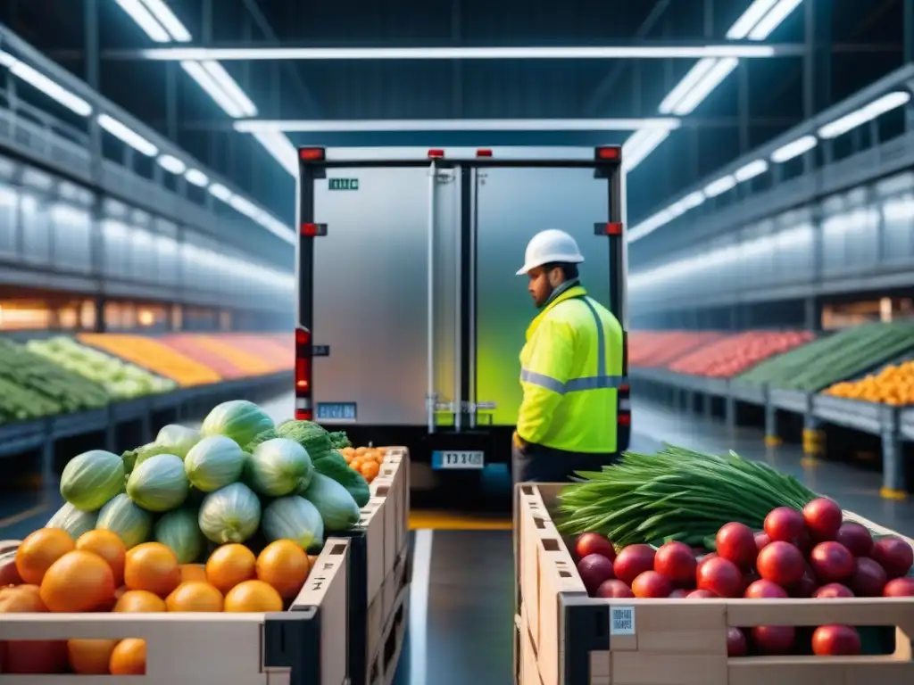 Transporte eficiente de alimentos frescos con sensor de temperatura digital Un camión refrigerado cargado con cajas de productos frescos, con un sensor de temperatura digital
