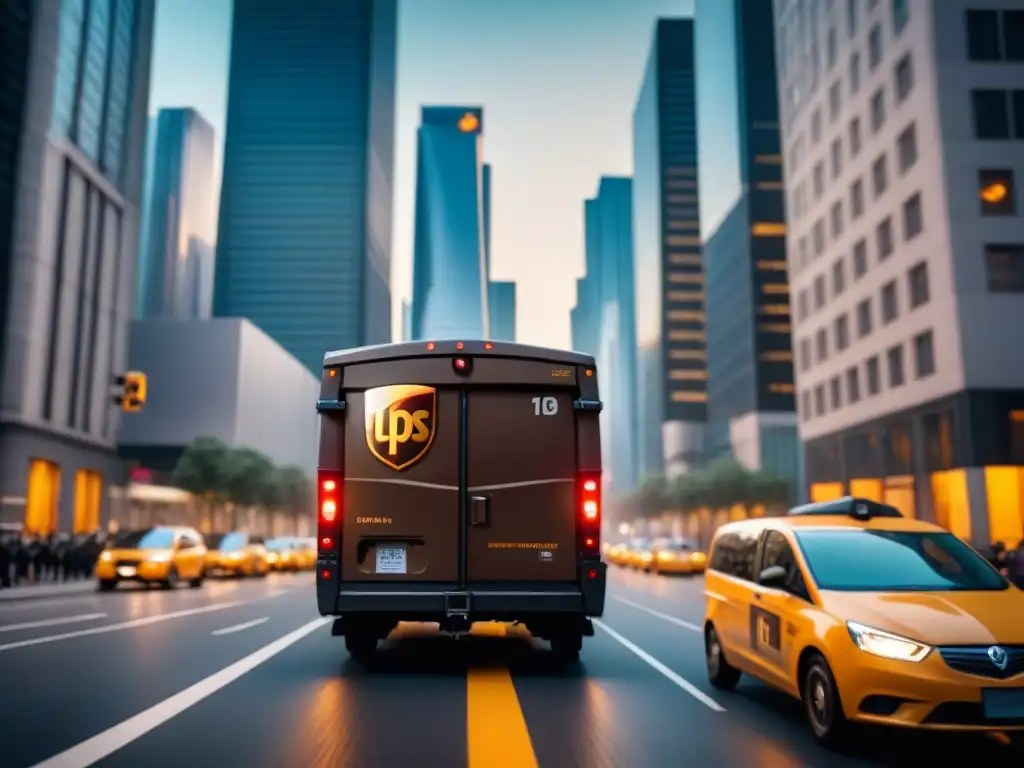 Camión de reparto UPS con ORION: Eficiencia logística en la ciudad Un camión de reparto de UPS equipado con la plataforma ORION navegando por la ciudad, mostrando seguimiento vehículos logística innovadora