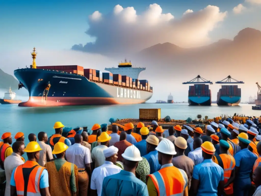 Transformación logística en África: colaboración multicultural en el puerto Capital extranjero remodelando logística africana: Puerto africano bullicioso con cargueros y trabajadores colaborando en la descarga