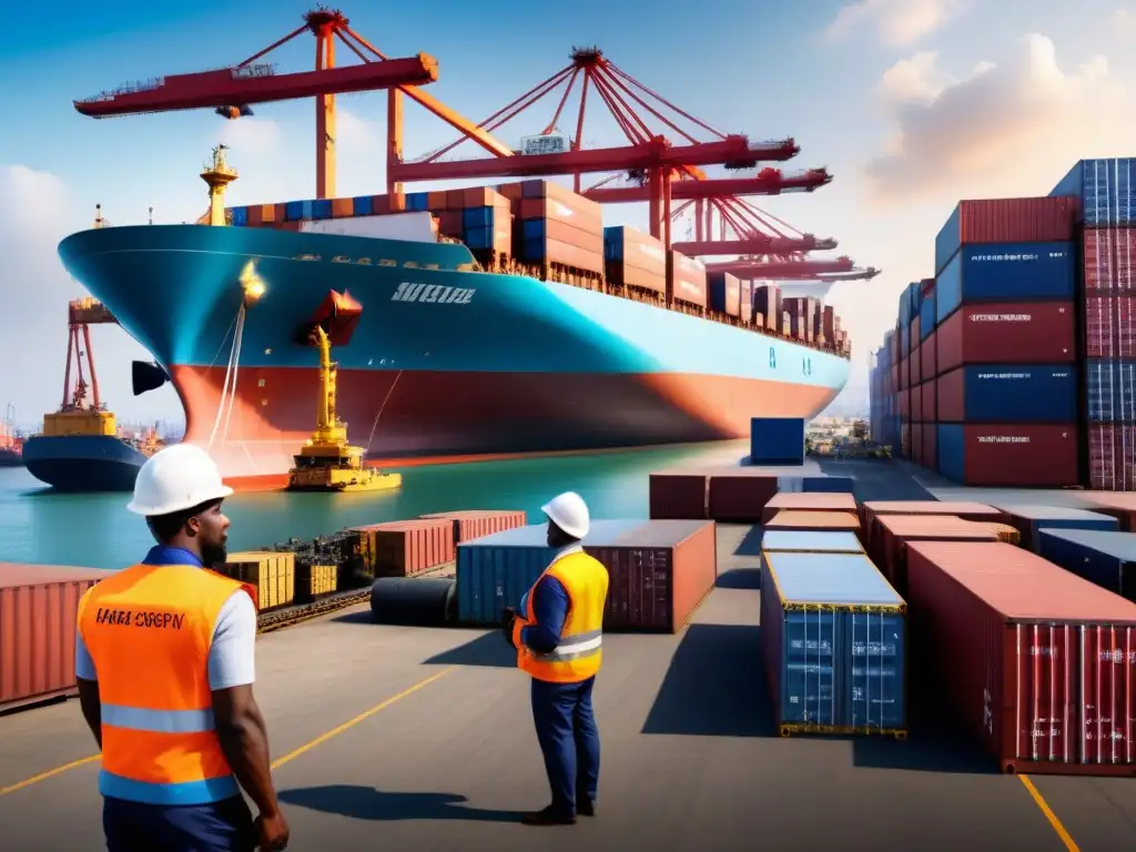 Transformación logística: Puerto africano en auge Capital extranjero remodelando logística africana: Puerto bullicioso en África con barcos cargueros y trabajadores diversos descargando contenedores