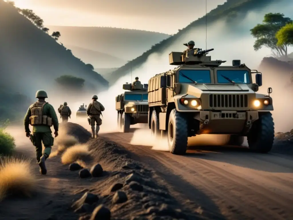 Convoy militar en terreno de guerra: logística y coordinación Una caravana de vehículos militares avanza por terreno devastado en una zona de conflicto, resaltando la logística en zonas de conflicto