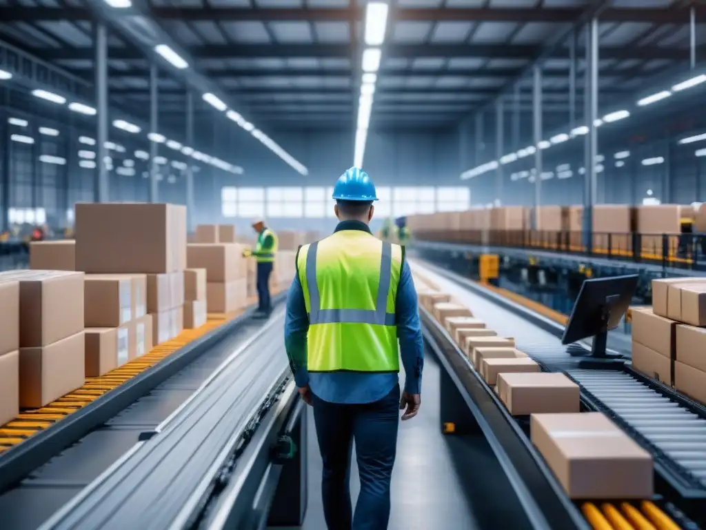 Centro de distribución: tecnología y operaciones logísticas en acción Un centro de distribución bullicioso con trabajadores y analistas de datos en logística supervisando la operación