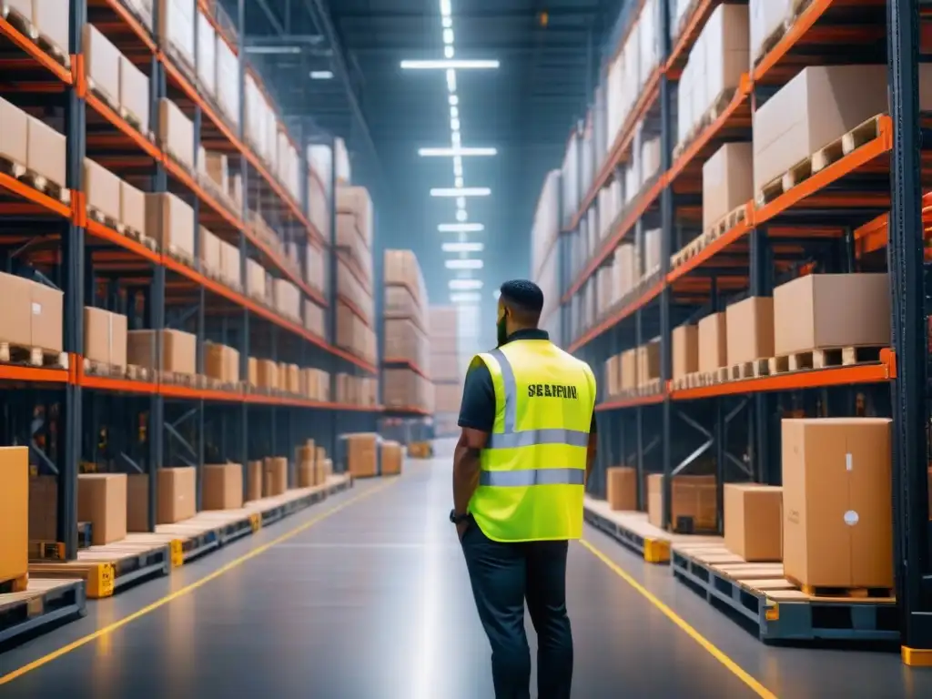 Centro de distribución eficiente con tecnología futurista Un centro de distribución bullicioso con trabajadores en chalecos de alta visibilidad moviéndose entre estanterías llenas de cajas organizadas