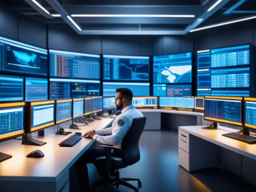 Centro de Ciberseguridad Avanzado en Centro Logístico Centro de control de ciberseguridad en logística innovadora, técnicos monitorean datos en ambiente futurista