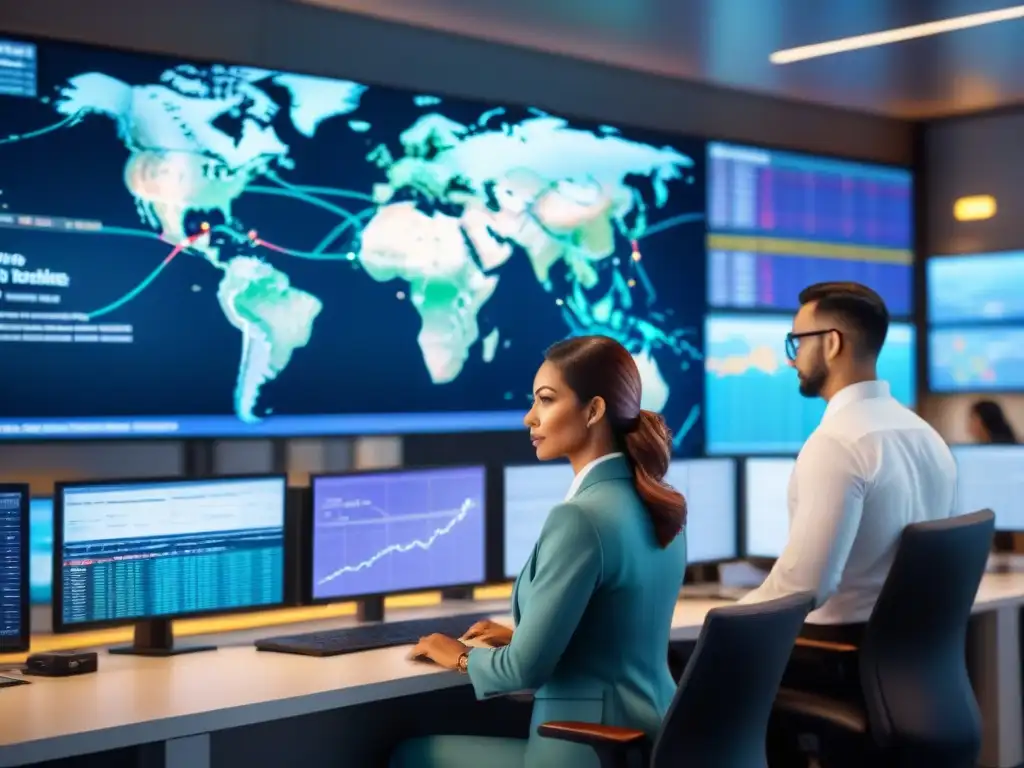 Centro de control logístico: Gestión global de envíos en tiempo real Un centro de control logístico bullicioso con personal colaborando en tiempo real, destacando la ciberseguridad en la logística internacional
