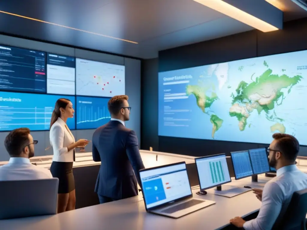 Sala de control logístico: eficiencia en tiempo real Un centro de control logístico moderno y eficiente con profesionales analizando datos en tiempo real