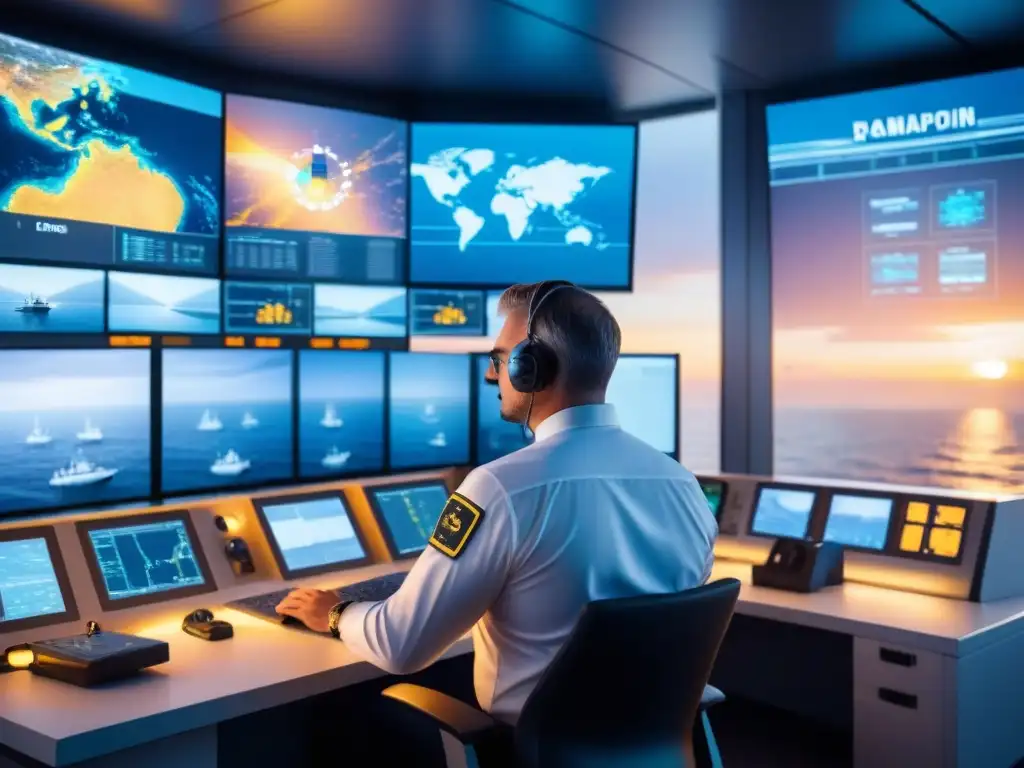 Centro de control marítimo: tecnología y seguridad en acción Un centro de control marítimo moderno con profesionales monitoreando datos en tiempo real y equipos de alta tecnología