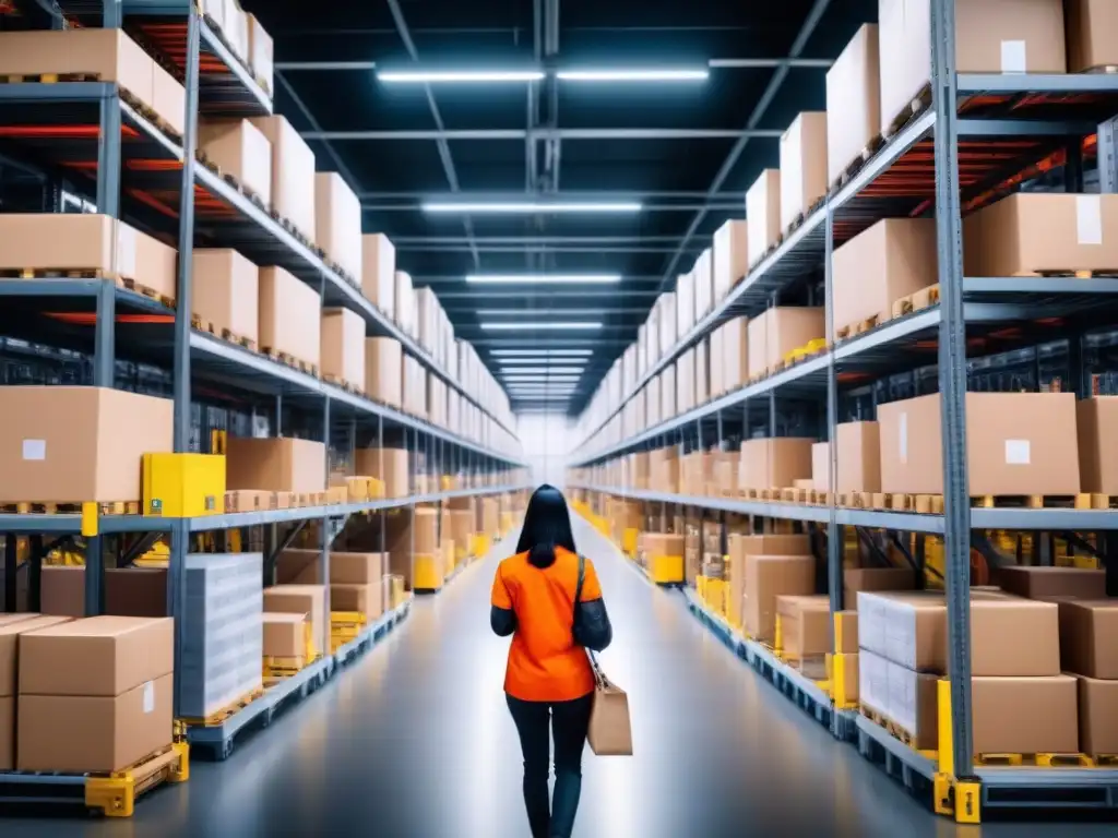 Centro de logística de Amazon FBA: eficiencia y tecnología en acción Centro de cumplimiento Amazon FBA con plataformas innovadoras logística eficiente y trabajadores en acción, iluminado en suave brillo industrial