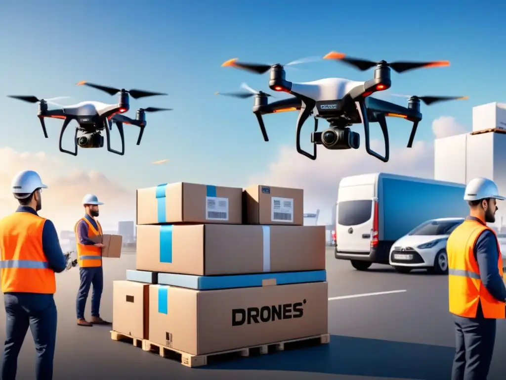 Centro de entrega con drones: eficiencia y tecnología aérea Un centro de entrega con drones, mostrando la eficiencia de la gestión de paquetes con tecnología innovadora