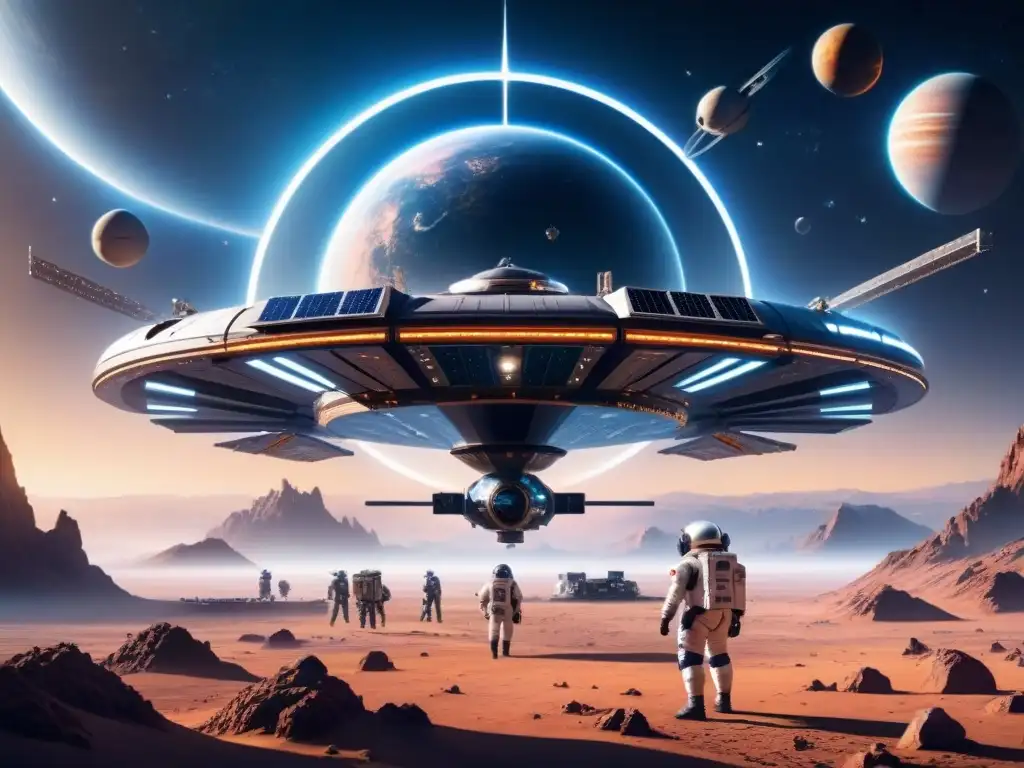 Centro espacial futurista con naves y paneles solares, mostrando actividad logística en el espacio
