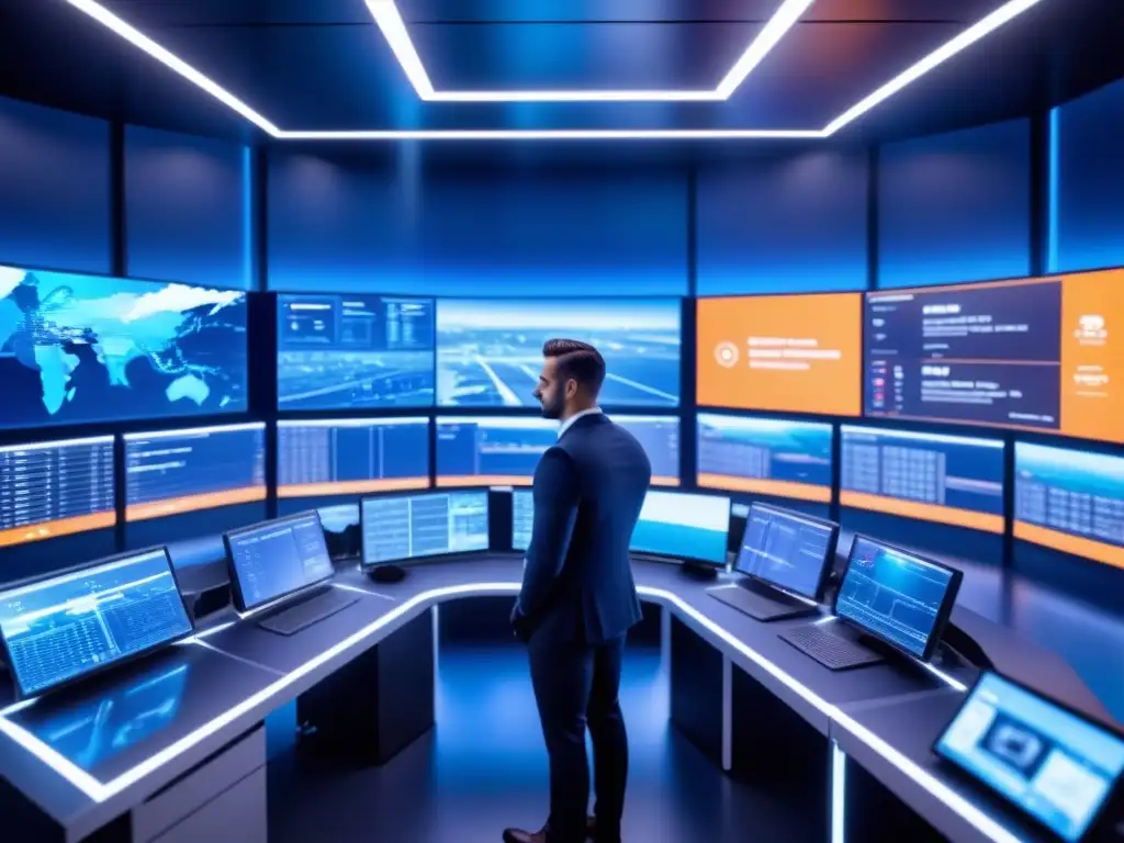 Centro de Gestión de Flota Futurista con Tecnología AI Avanzada Centro de gestión de flotas con IA: equipo diverso colaborando, pantallas de análisis y monitoreo de vehículos autónomos en ambiente futurista azul
