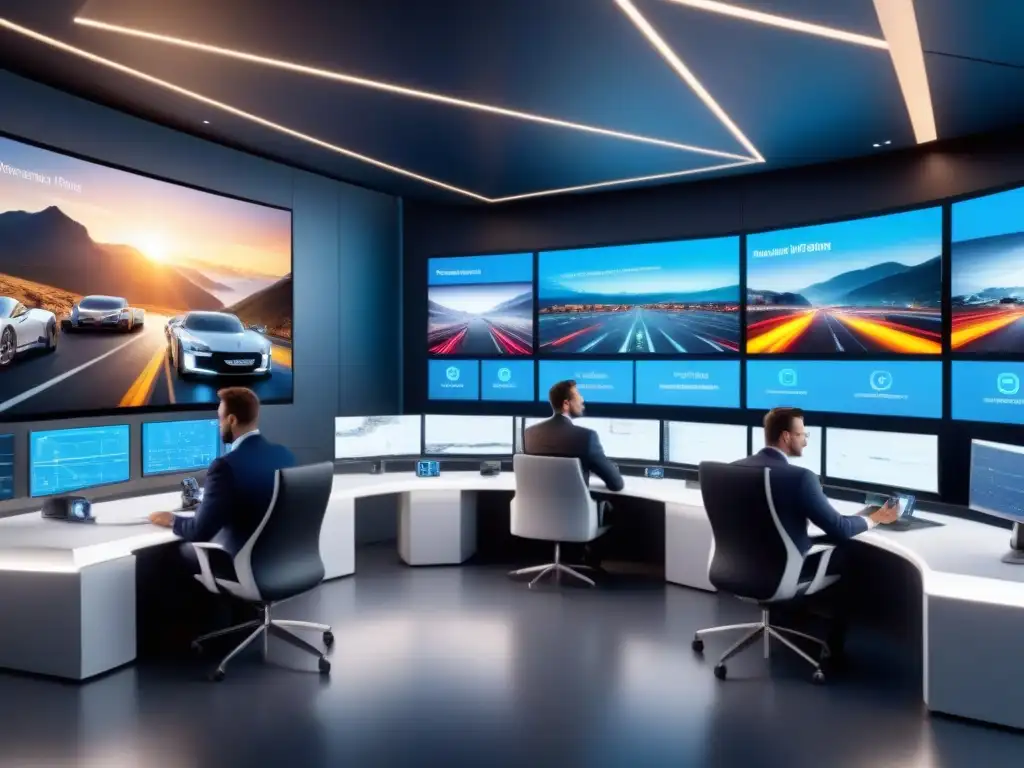 Centro de Gestión de Flota Futurista con Telemetría en Tiempo Real Un centro de gestión de flotas moderno y eficiente con telemetría en gestión de vehículos