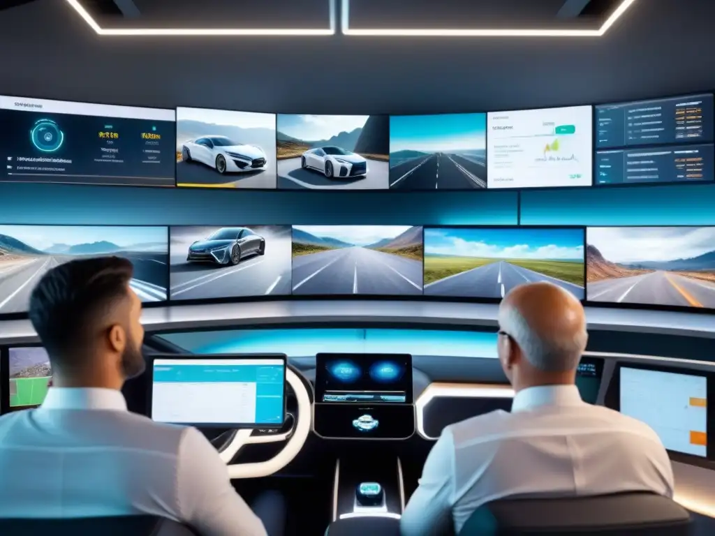 Centro de gestión de flotas del futuro: tecnología y colaboración en acción Un centro futurista de gestión de flotas con tecnología de vanguardia y profesionales analizando telemetría en gestión de vehículos