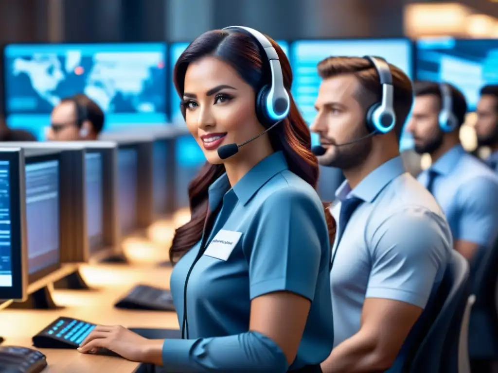 Centro de llamadas dinámico con agentes y tecnología AI en acción Un centro de llamadas bullicioso, con agentes en auriculares atendiendo clientes en pantallas con interfaces CRM