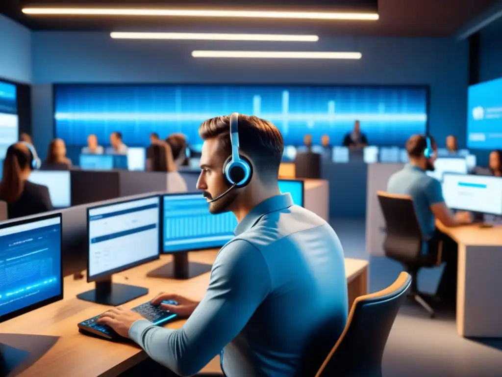 Centro de llamadas avanzado con chatbots y asistentes virtuales Un centro de llamadas bullicioso con tecnología avanzada y agentes usando chatbots para mejorar atención cliente